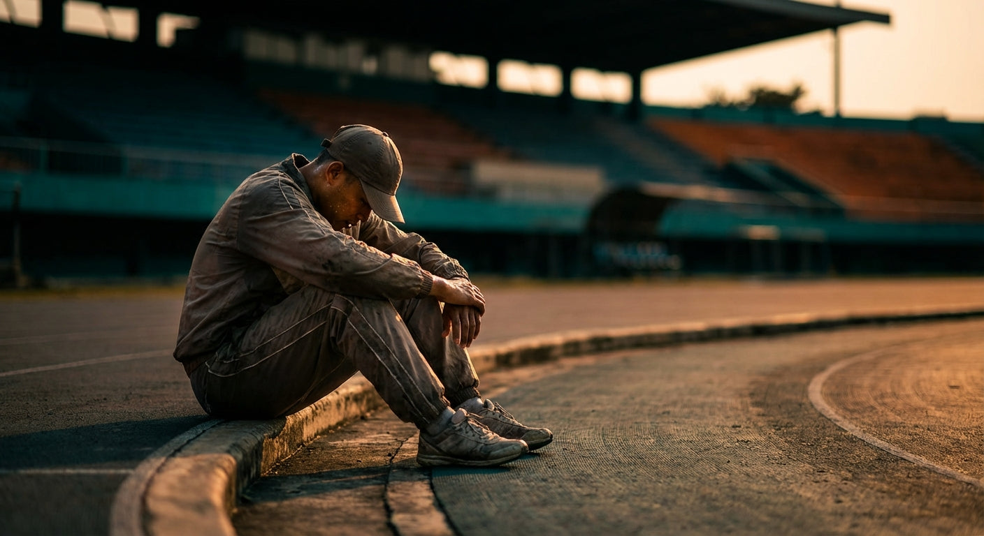 A fatigued athlete resting on the edge of a track in warm golden-hour light, sweat glistening on their skin against a blurred stadium background in deep teal and orange tones.