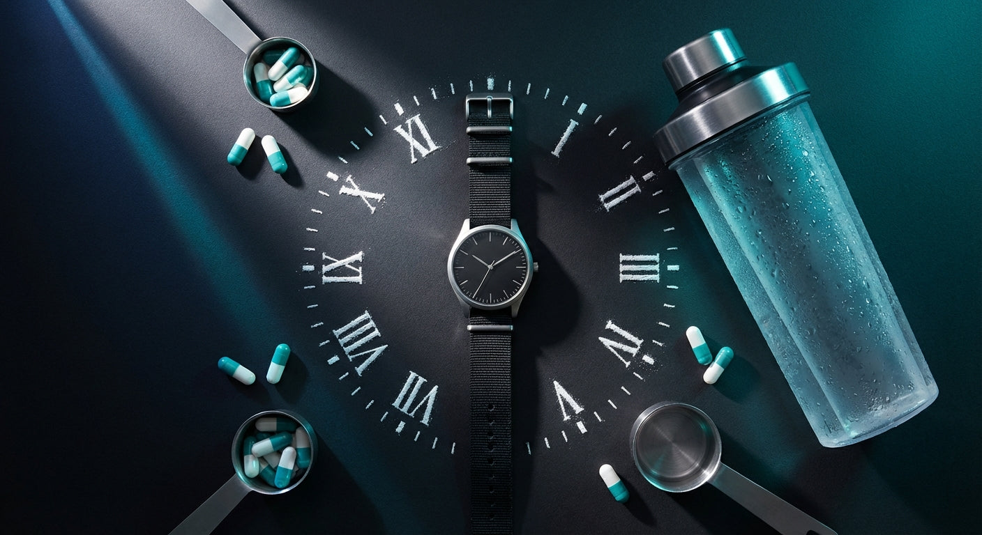 A dramatic flat-lay of a shaker bottle, athletic watch, and supplement scoops arranged with precision on a dark surface under cool blue and teal lighting.
