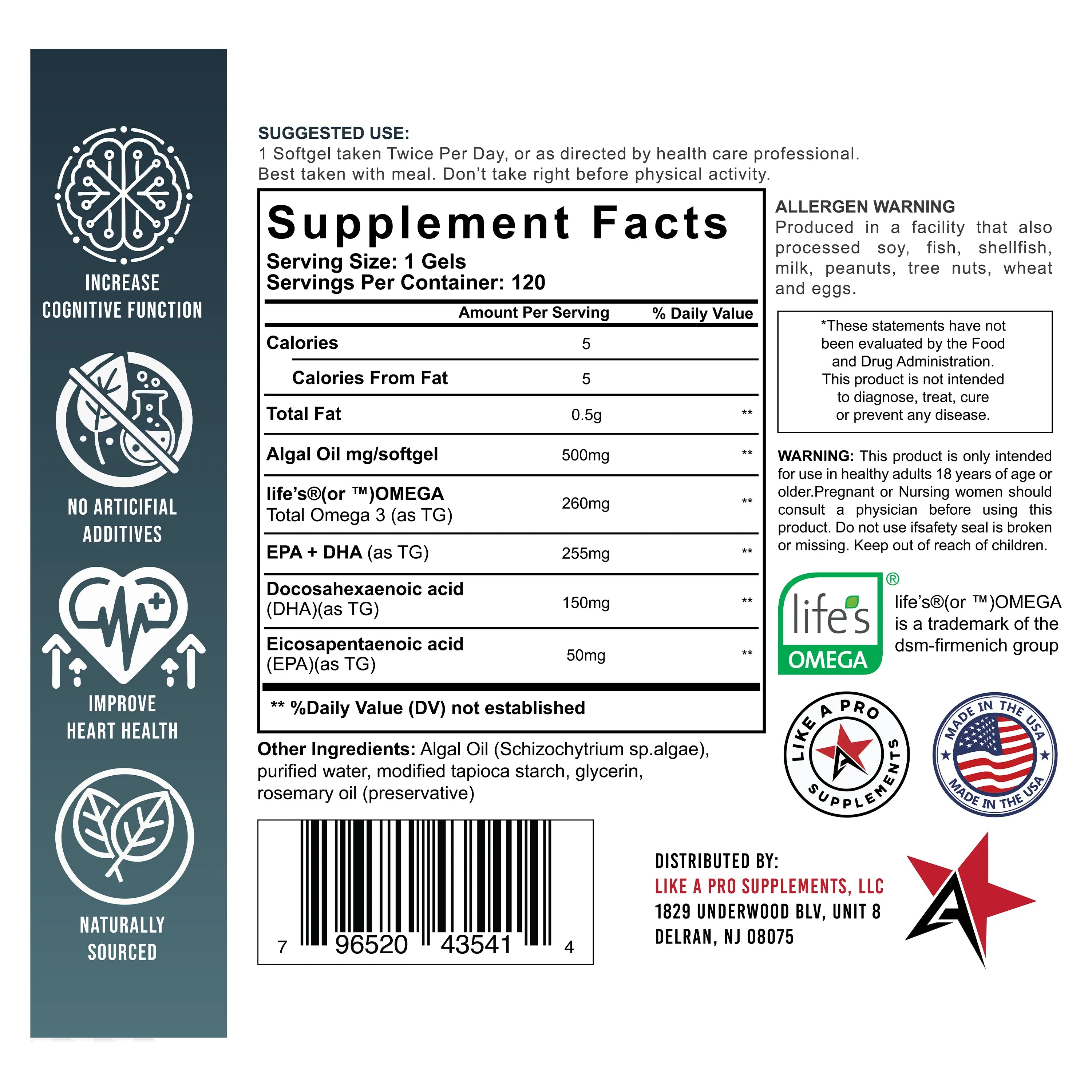 Like A Pro Plant Base Algae Omega 3's - 120 Softgels