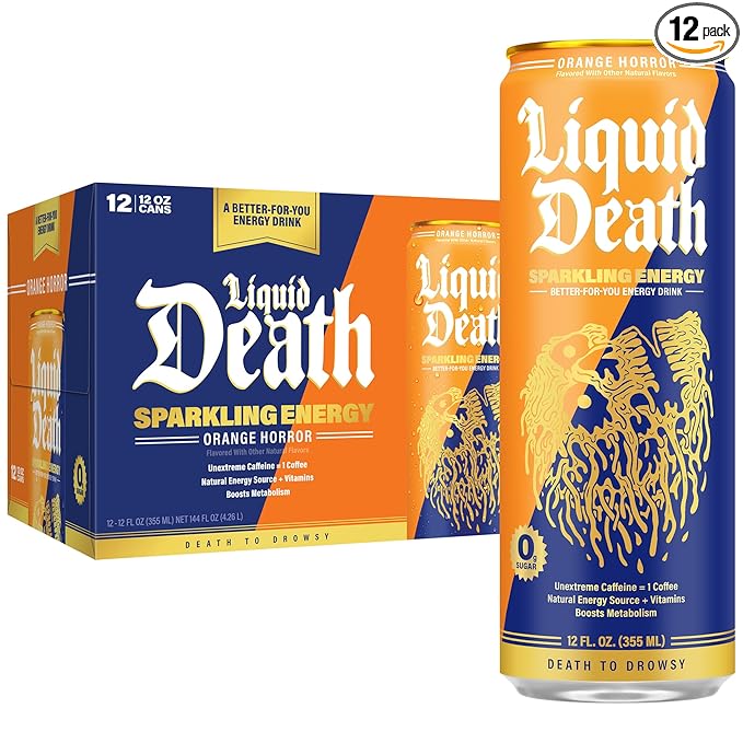Liquid Death Sparkling Energy -  Zero Sugar Energy Drink, Unextreme Caffeine 100mg, Essential Vitamins, 12 Fl Oz (Pack of 12)