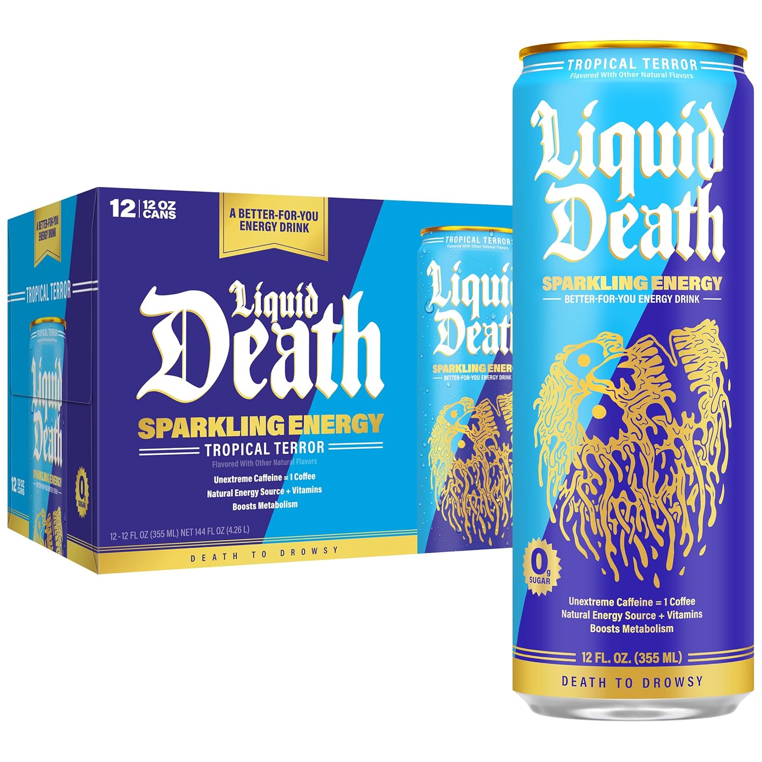 Liquid Death Sparkling Energy -  Zero Sugar Energy Drink, Unextreme Caffeine 100mg, Essential Vitamins, 12 Fl Oz (Pack of 12)