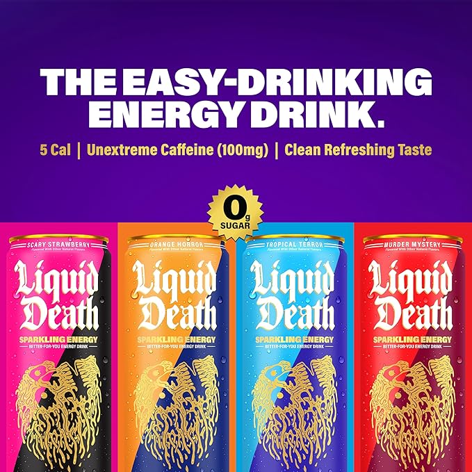 Liquid Death Sparkling Energy -  Zero Sugar Energy Drink, Unextreme Caffeine 100mg, Essential Vitamins, 12 Fl Oz (Pack of 12)